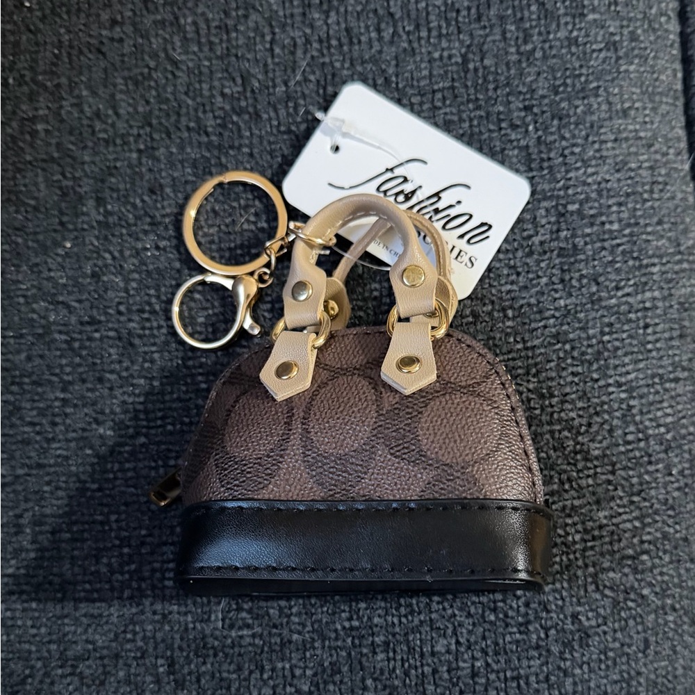 Brown Mini Purse Keychain with Beige Handles